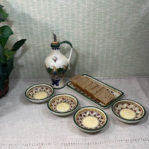 Middle Eastern Deruta Olive Oil Cruet w/ Tray & Bowls